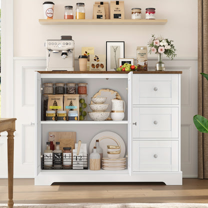 Kealive Modern White & Brown Storage Cabinet with Countertop - Freestanding Kitchen Buffet Sideboard with 3 Drawers & Doors, Heavy-Duty Particleboard Construction, 68.58cm+ Height, 3.2 Cu Ft Capacity, Easy Assembly for Kitche