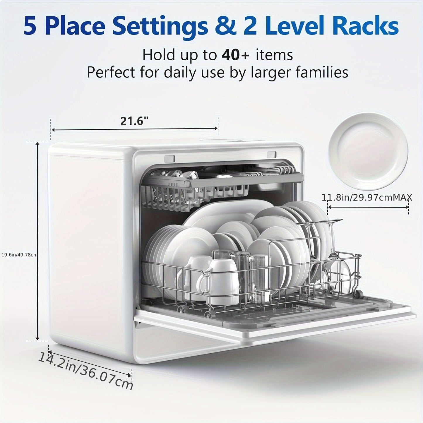 Compacte Vaatwasser – Mini Vaatwasser – Aanrechtvaatwasser – Kleine Keuken Vaatwasser – Caravan Vaatwasser – Duale Manden – Ingebouwde 5L Watertank – 7+2 Wasprogramma’s – Zachtwatersysteem