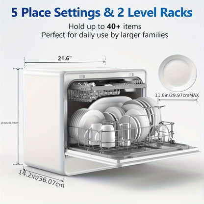 Compacte Vaatwasser – Mini Vaatwasser – Aanrechtvaatwasser – Kleine Keuken Vaatwasser – Caravan Vaatwasser – Duale Manden – Ingebouwde 5L Watertank – 7+2 Wasprogramma’s – Zachtwatersysteem