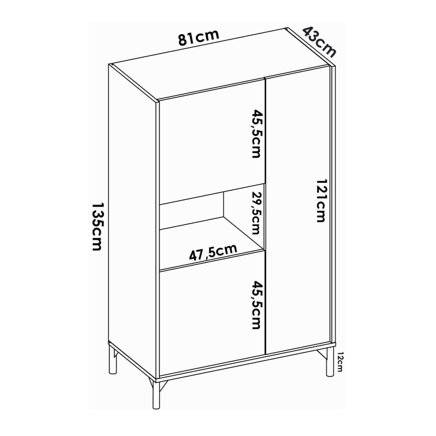 Crono Credenza, High Living Room Buffet, Modern 3-Door Sa Sideboard, 81X43H135 Cm, Available in 3 Colors