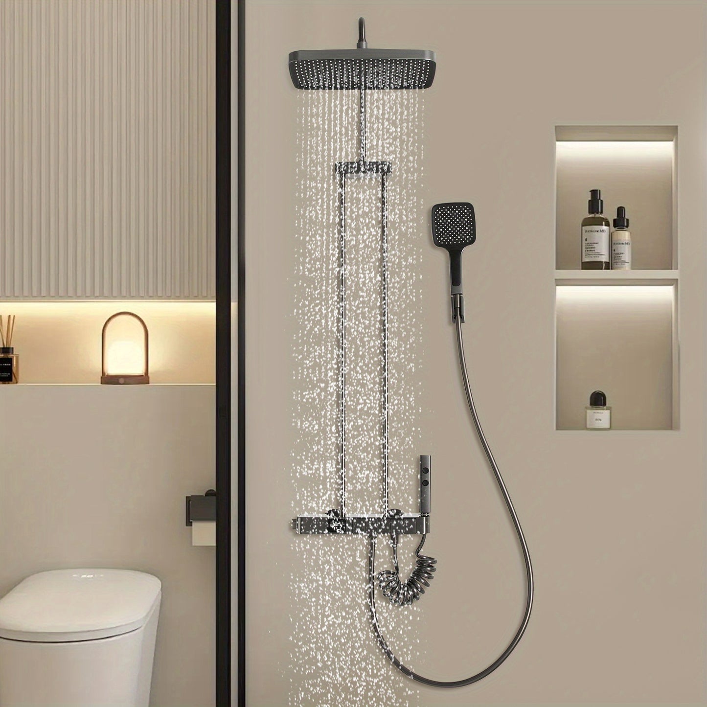 Modern Wall-Mounted Bath Tap with Hand Shower - 5-in-1 Shower System, Brass & Stainless Steel Construction, Black Finish, Corrosion Resistant for Contemporary Bathrooms, Bathroom Upgrade, Sleek Bathroom Style, Durable Bathroo