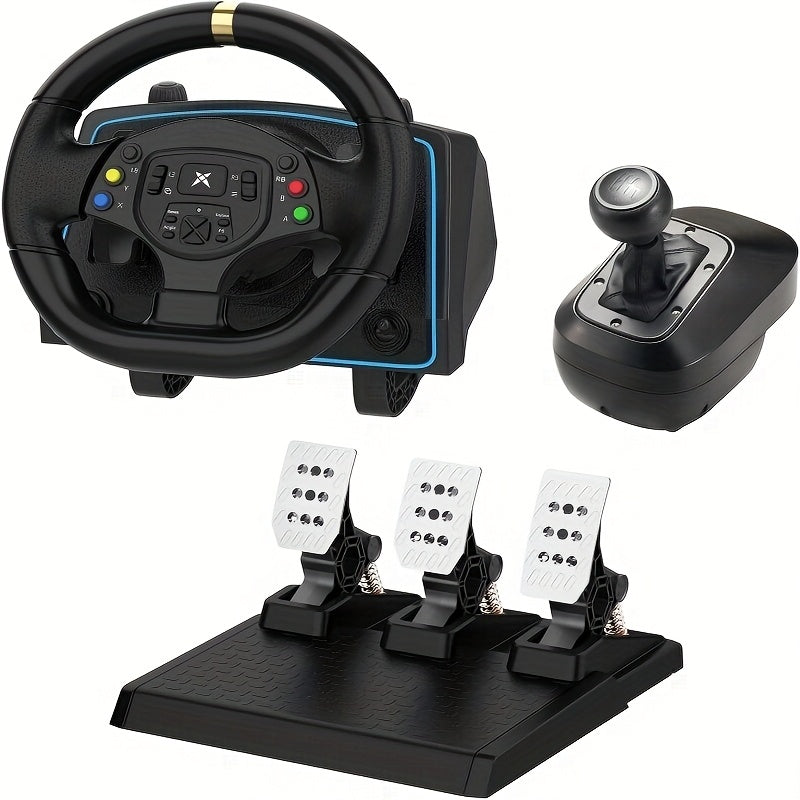 Racestuur – Racewheel – Gaming Stuur – Racestuur Set – Stuur Met Versnellingspook – Metalen Hall-Effect Pedalen – Dual Vibratiefeedback – Zwart