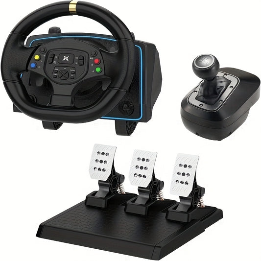 Racestuur – Racewheel – Gaming Stuur – Racestuur Set – Stuur Met Versnellingspook – Metalen Hall-Effect Pedalen – Dual Vibratiefeedback – Zwart