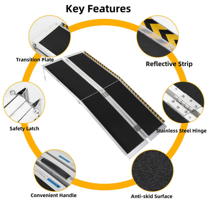 Portable Wheelchair Ramp 243.84cm, Non-Slip Aluminum Folding Handicap Ramp, Door Threshold Wheelchair Ramps Aluminum Ramp with Non-Skid Surface & Reflective Strips, Ramp For Stroller, Portable Ramps For Threshold, Ca Ramps Fo