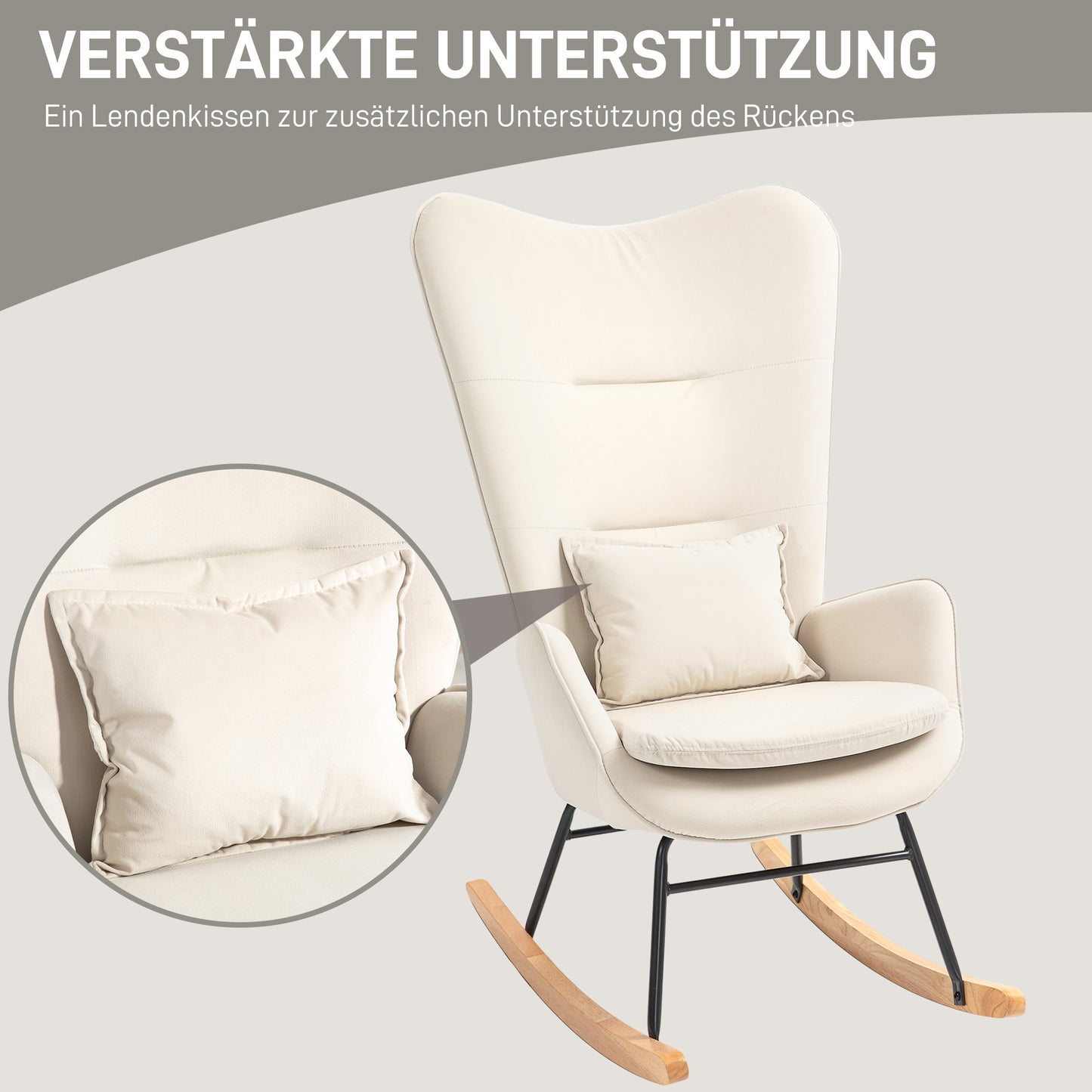 Schommelstoel – Relaxstoel – Schommelzetel – Lounge Chair – Stiltestoel – Crèmewit – Stabiele Houten Poten – Ergonomisch Met Lendenkussen