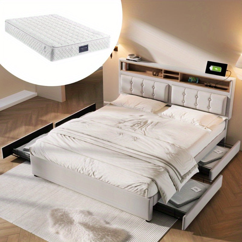 Bedden 160x200 – Tweepersoonsbed – Opbergbed – Lattenbodembed – Gestoffeerd Bed – Verstelbaar Hoofdeinde – Inclusief Matras – Modern Ruimtebesparend Design
