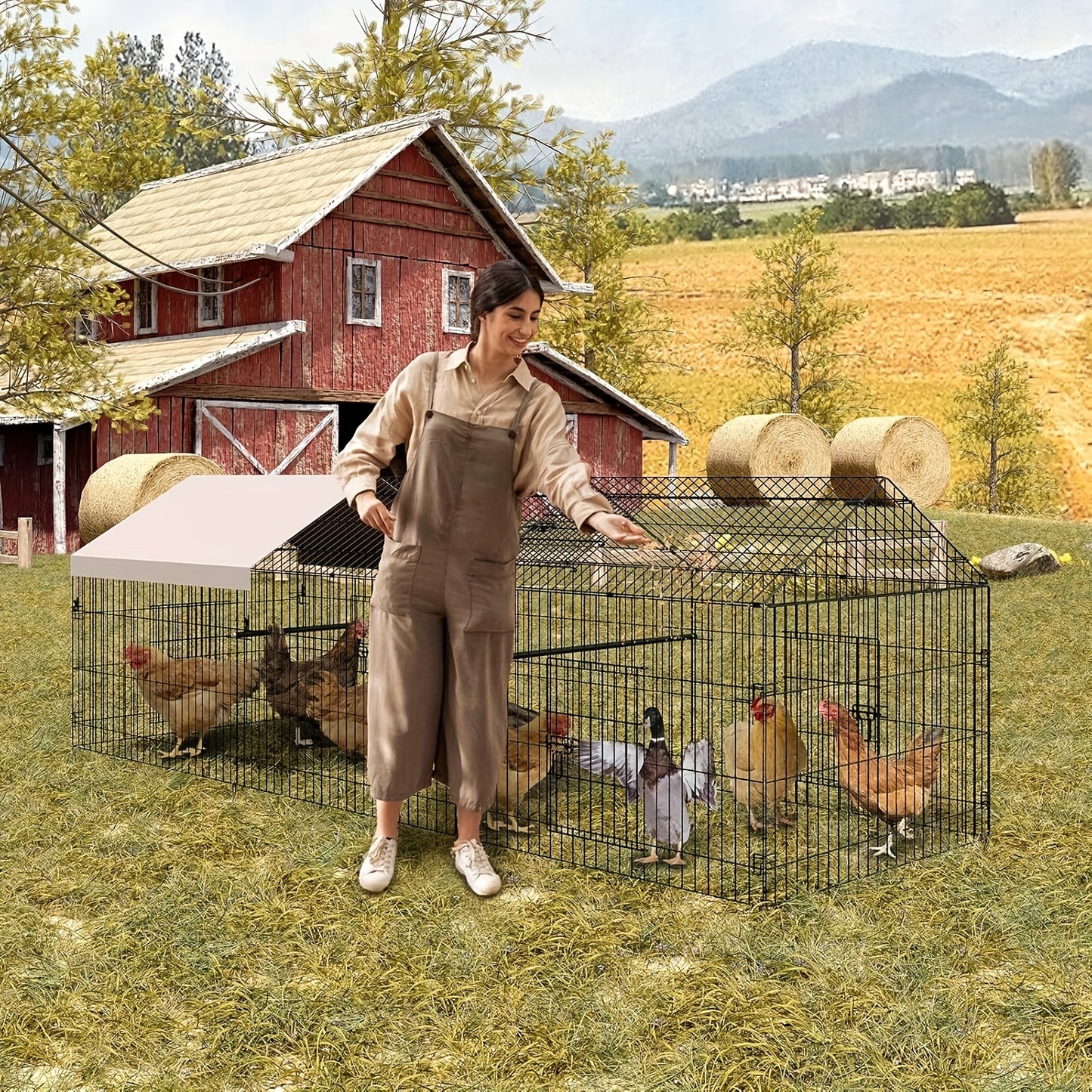 Kippenren – Kippenhok – Buitenren – Dierenren – Pluimveestal – Metalen Constructie – 330x100x100 cm – Weerbestendig Dak – 4 Toegangsdeuren