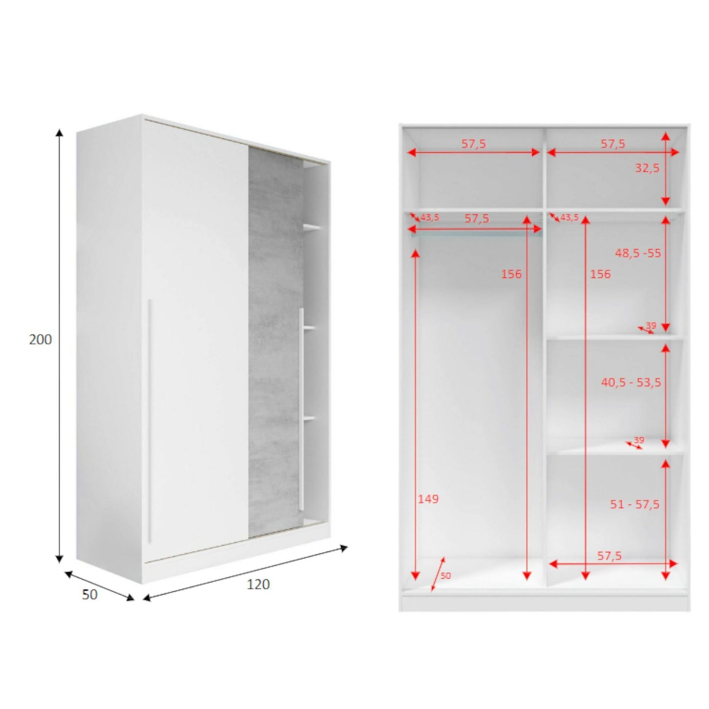 2-Door Wardrobe, Bedroom Closet with Hanging Rod and 3 Shelves, 120x50x200 cm, Available in 2 Colors