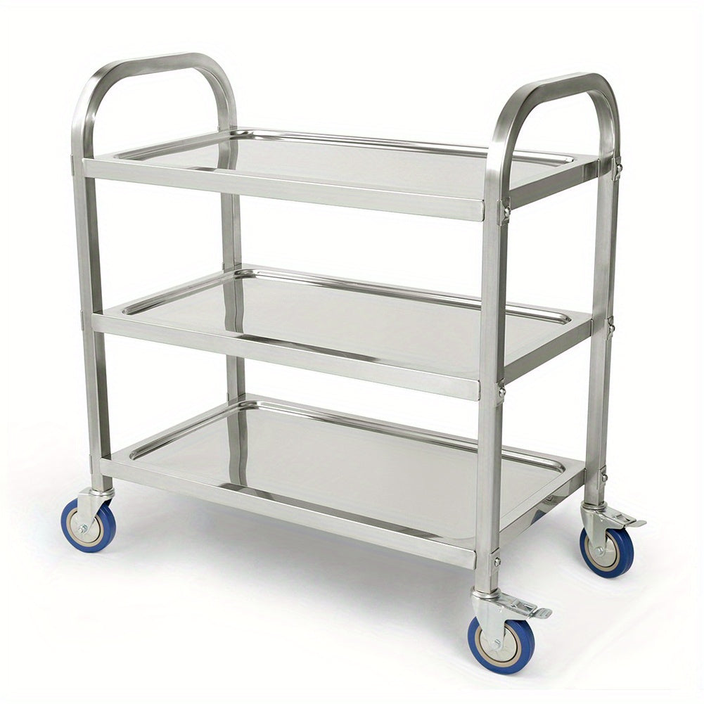 3-laagse RVS Opberghandelwagen – Opbergkar – Keukenwagen – Serveerwagen – Mobiele Opberger – Roestvrij Staal – 95x55x95 cm – Drie Verwijderbare Plateaus – Vier Wielen voor Makkelijke Verplaatsing