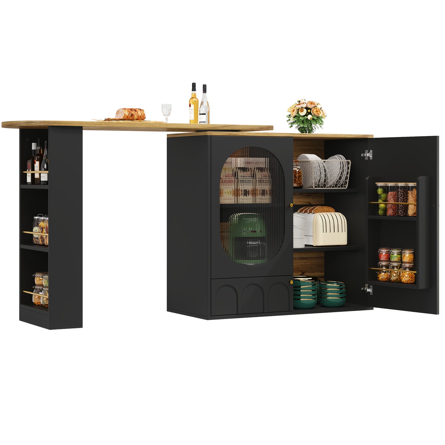 360° Rotating Bar Table, High Table (body 138 X 39 X 102cm), Coffee Bar Furniture, Rotating Dining Table with Storage Space, Kitchen Island, Three Doors with Door Frames, Removable Dividers, White/ Black, Spacesaving Furnitu
