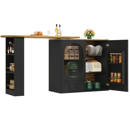 360° Rotating Bar Table, High Table (body 138 X 39 X 102cm), Coffee Bar Furniture, Rotating Dining Table with Storage Space, Kitchen Island, Three Doors with Door Frames, Removable Dividers, White/ Black, Spacesaving Furnitu
