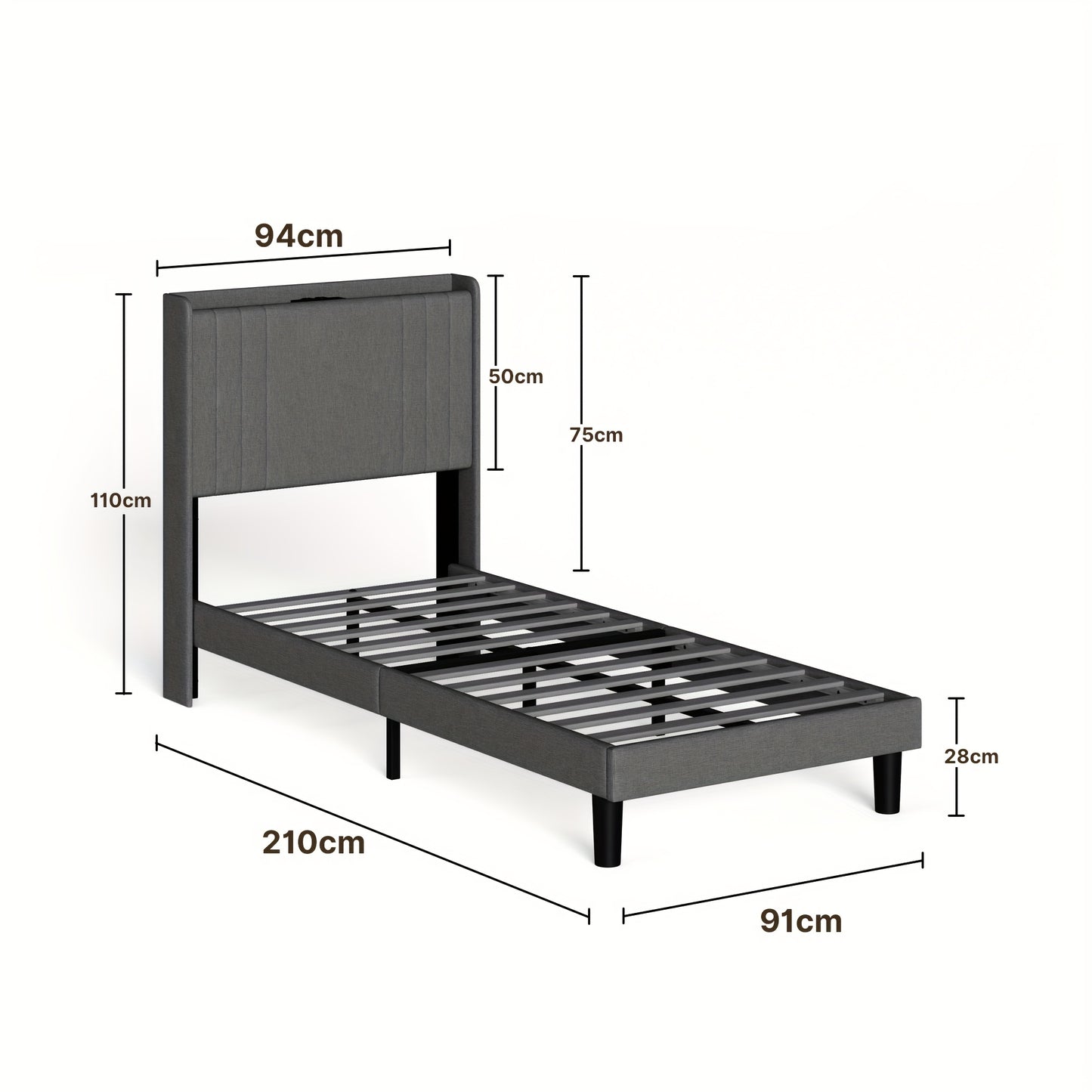 Eenpersoonsbed – Bedframe – Slaapbank – Opbergbed – Stijlvol Bed – Donkergrijs – Geluidsarm – 16 cm Opbergruimte Onderbed