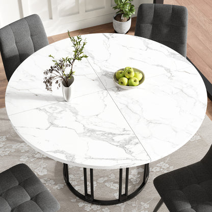 Ronde Eettafel – Ronde Tafel – Keukentafel – Ontbijttafel – Eettafel Zwart Metaal – Marmerlook MDF Blad – Verstelbare Voeten – 100 cm Diameter