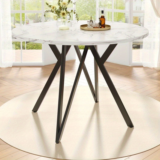 Ronde Eettafel – Rond Tafeltje – Keukentafel – Eetkamertafel – Tafel Rond – Marmerlook MDF Blad – Zwart Metalen A-Poot – 100 cm Compact Design – Stevig & Onderhoudsvriendelijk