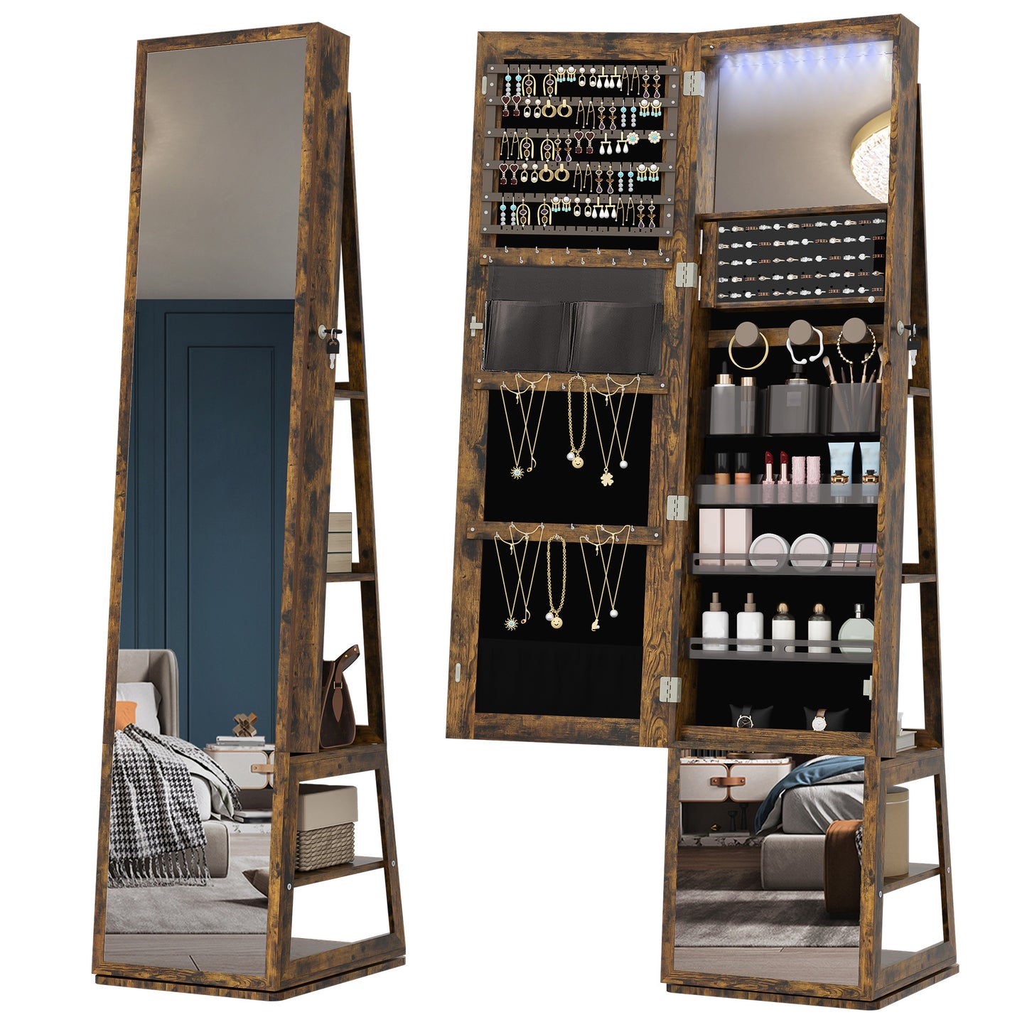 Sieradekastje – Sieradendoos – Juwelendoos – Sieradenkast – Make-up Organizer – 360° Draaibare Spiegel – 4-Vaks Opbergruimte – Vintage Zwart-Wit