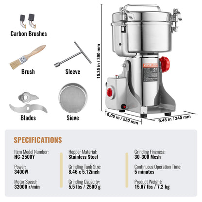 Elektrische Kruidenmaler – Graanmaler – Specerijenmolen – Koffiemolen – Poedermolen – 2500g Capaciteit – 3600W Motor – 270° Swing Ontwerp – RVS 403 Veilig