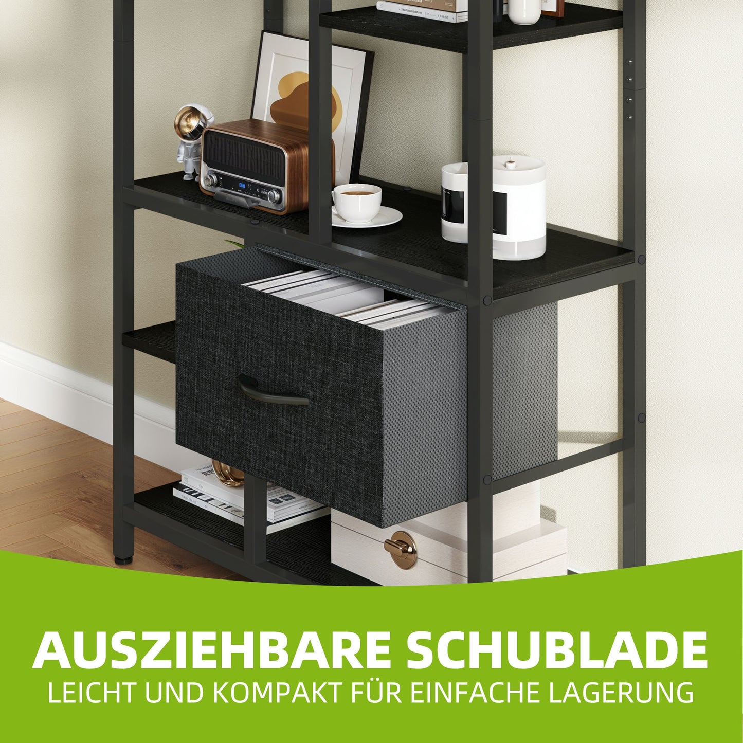 7-Laags Boekenkast – Boekenkast Met Lades – Smalle Boekenkast – Opbergkast – Vakkenkast – Industrieel Design – Stalen Frame & Houten Planken – Vrijstaand En Ruimtebesparend