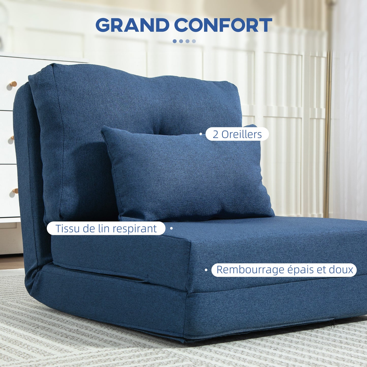 Lazy Chair – Vloerstoel – Relaxstoel – Slaapstoel – Zitbed – Verstelbare Rugleuning – Luxe Kussens – Donkerblauwe Linnenstof