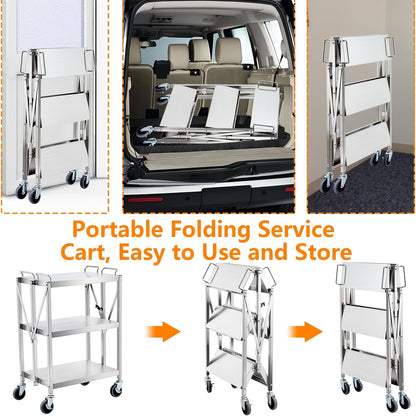 Opvouwbare Transportkar – Vouwbare Kar – Transportwagen – Trolley – Inklapbare Kar – Zilveren Variant – Draagkracht 181 kg – 3 Stevige Planken – Vergrendelbare Rubber Wielen – Ruimtebesparend Design
