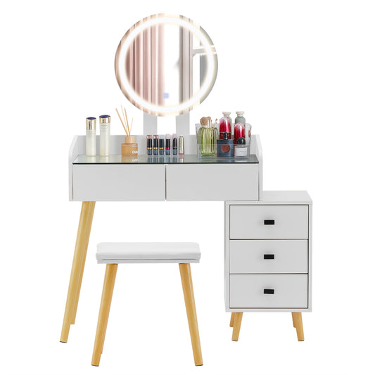 Make-uptafel – Dressing Table – Make-up Bureau – Schminktisch – Vanity Desk – Gehard Glas Blad – Ruime Opberglade – Gevoerde Kruk – Compact Design