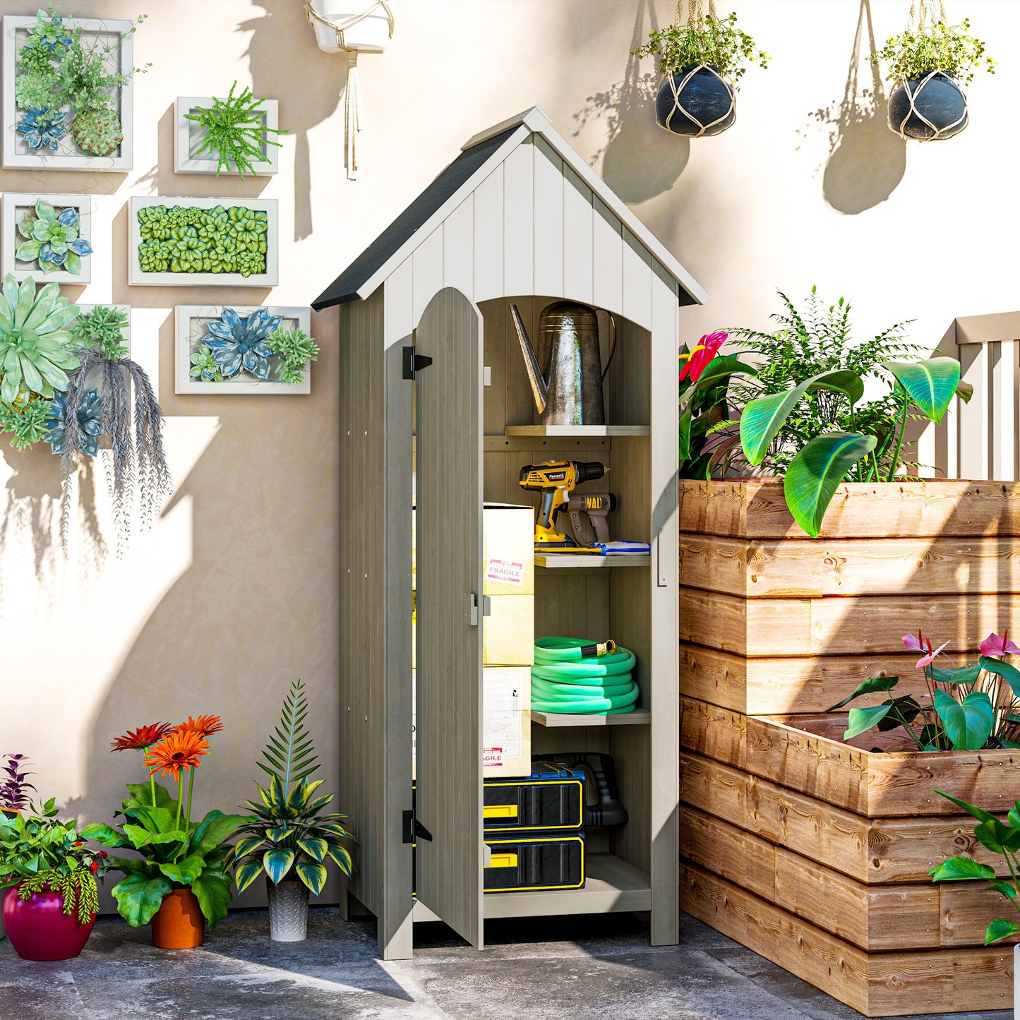 Houten Tuinhuis – Tuinkast – Tuinschuur – Berging – Opberghuis – Weerbestendig – 3 Planken – Grijs – Compact 77,5x54,2x179,5 cm