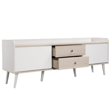 TV Meubel – TV Kast – Tv Lowboard – Media Console – Modern Cabinet – 2 Lades – Spaanplaat Wit-Hout – Compact 102-124 cm