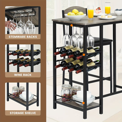 2-in-1 Counter Height Bar Table Set with Storage Shelf & Wine Rack - Space-Saving 3pcs Modern Dining Table with Cup Holders, Foldable Design