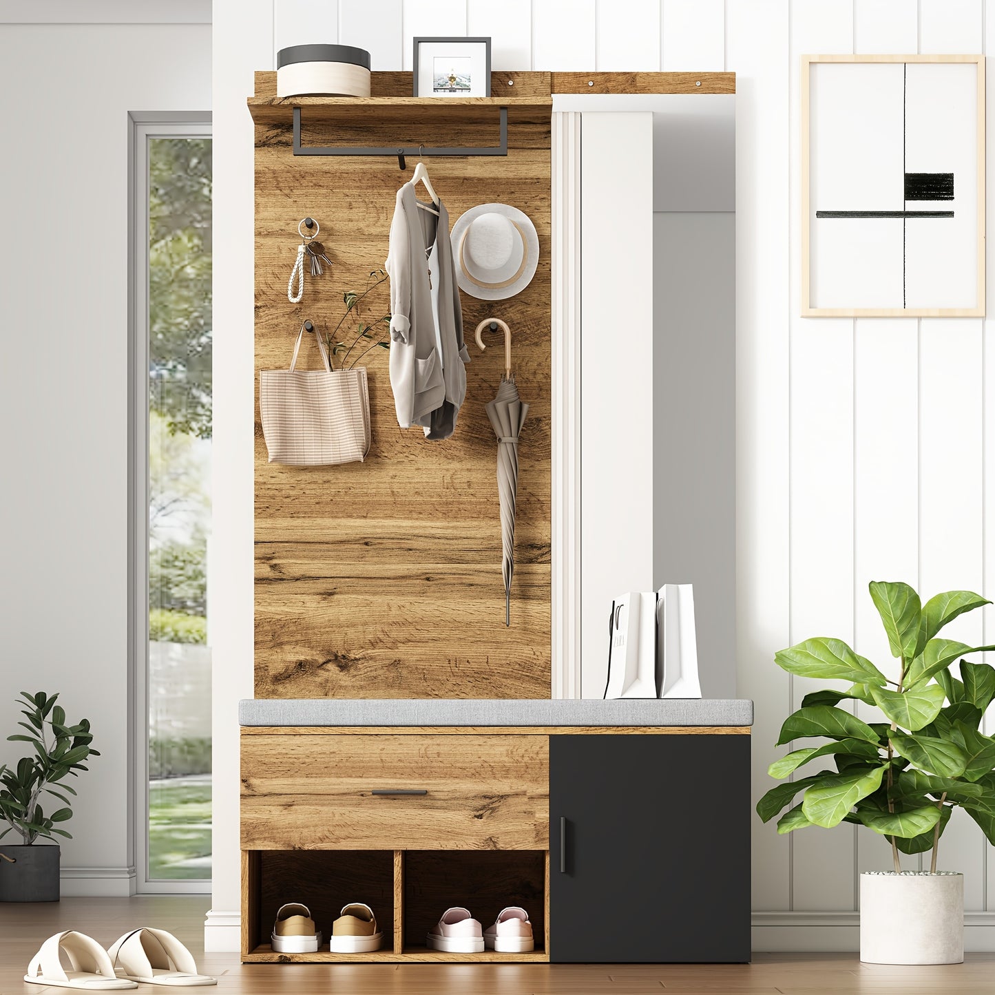 Houten Meubelset Hal – Kledingkast – Schoenenbank – Spiegel – Opbergkast – Hardhout Particleboard – Functioneel Zonder Stroom – Ruimtebesparend Design