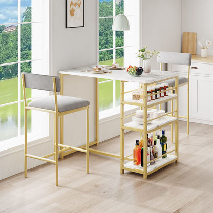 Hoge Bartafel Set – Barmeubel – Bistroset – Hoge Eettafel – Barstoel – Gouden Metaal – Velours Grijs – Ruimtebesparend Ontwerp – Eenvoudige Montage