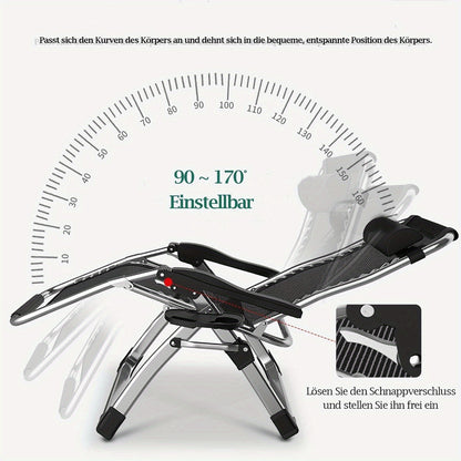 Inklapbare Loungestoel – Campingstoel – Tuinstoel – Balkonstoel – Relaxstoel – Verstelbare Rugleuning – Uitneembare Kussens – Stevig Metalen Frame – Inclusief Hoofdsteun en Zijtafel – Silvery 65 cm