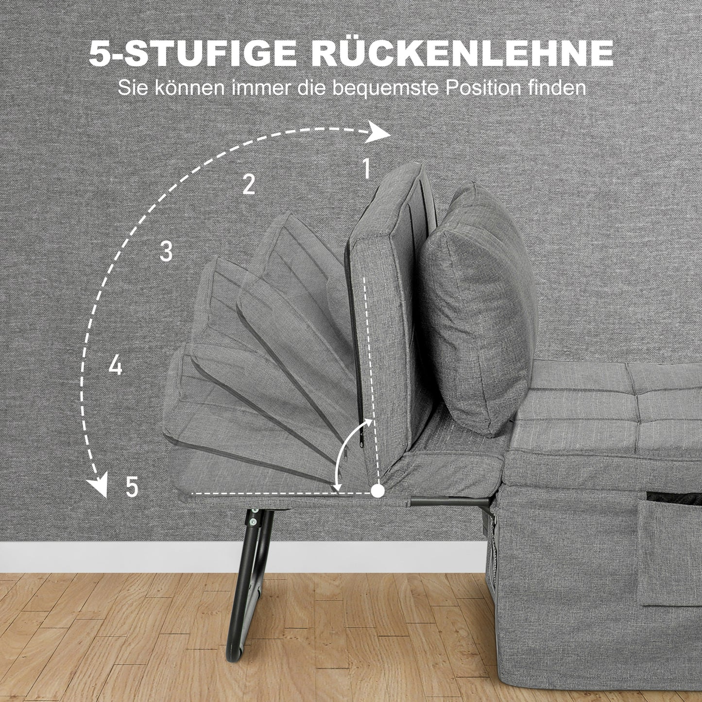 4-in-1 Opvouwbaar Bed – Guestbed – Opklapbed – Verstelbaar Bed – Extra Slaapplek – Met Matras – Met Zijvakjes – Stabiel Metaalframe – Grijs – 188x75x38 cm