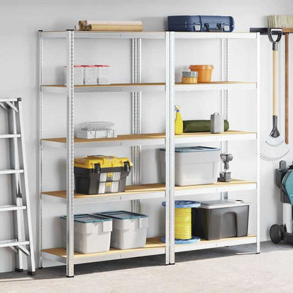 5-laags Opbergrek – Opbergkast – Stelling – Plank – Vakkenkast – Set Van 2 – Zilverkleurig Staal – Gelamineerd Hout