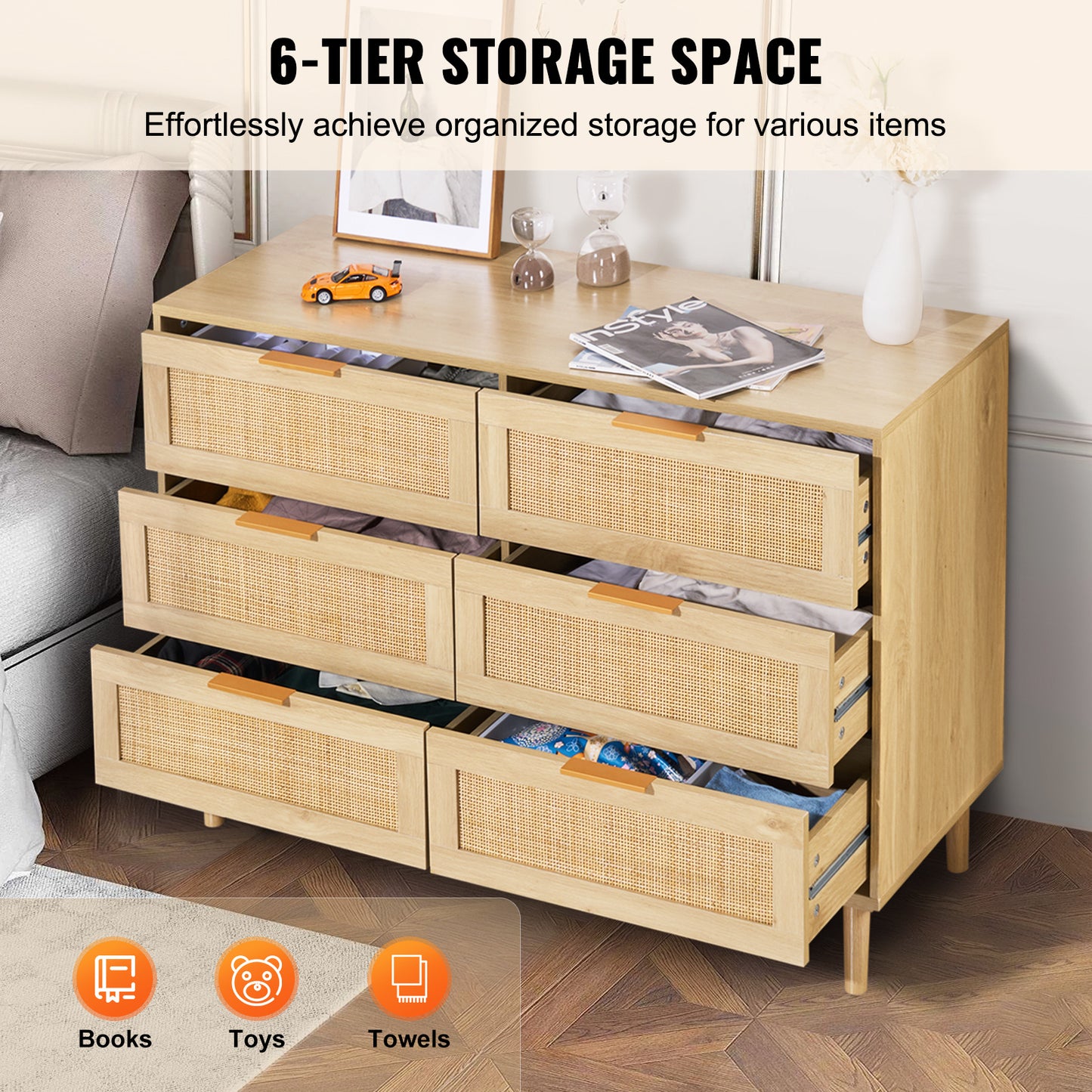Rattan Commode – Ladekast – Kast – Dressoir – Opbergkast – Naturel Hout – 6 Ruime Lades Met Duurzaam Rattan En Anti-Omvalbeveiliging