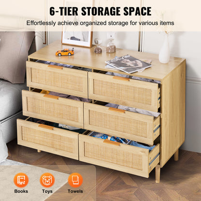 Rattan Commode – Ladekast – Kast – Dressoir – Opbergkast – Naturel Hout – 6 Ruime Lades Met Duurzaam Rattan En Anti-Omvalbeveiliging