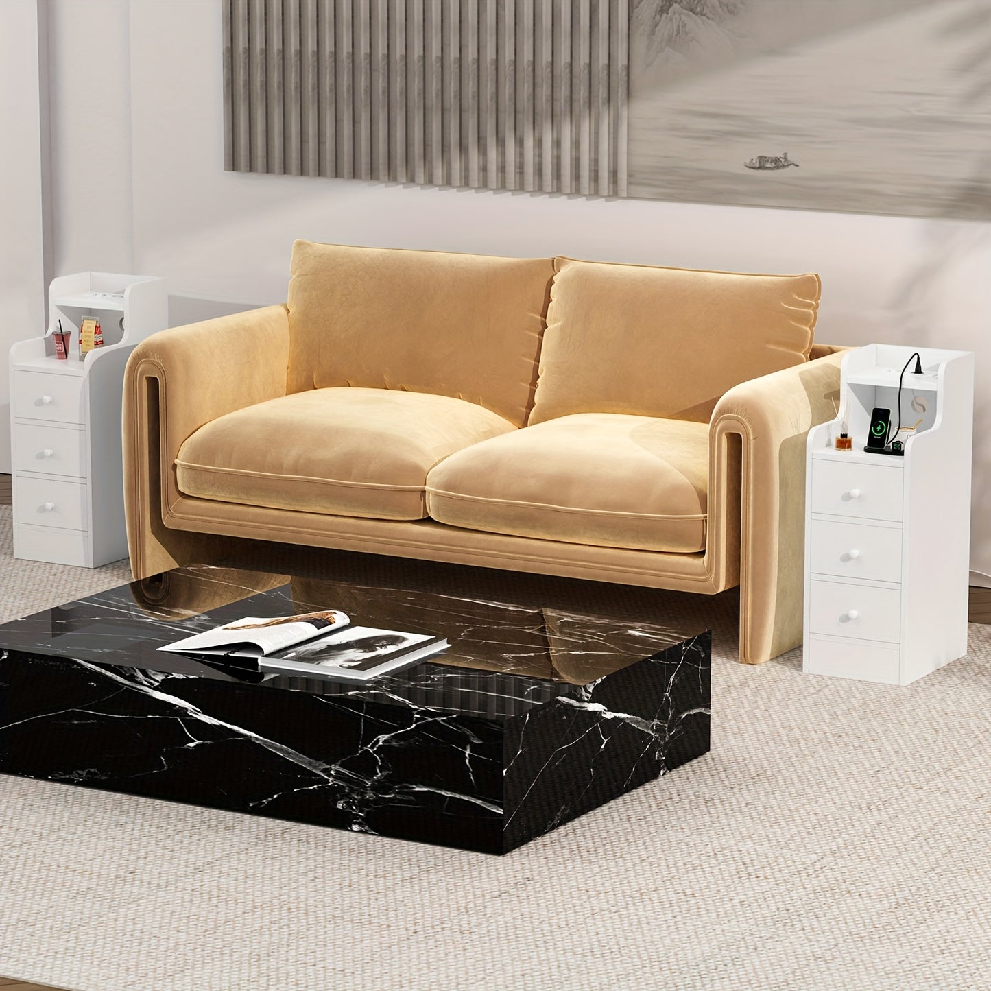 Nachtkastje – Bedside Table – Bijzettafel – Nachtkast – Ladekastje – Smal Design – 3 Laden – Wit Met Marmerachtig Blad – 25x35x70 cm – Gemakkelijk Geassembleerd