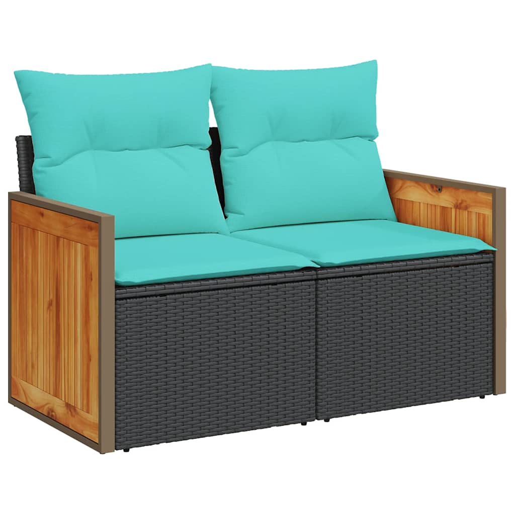 Buitenbank – Tuinbank – Zitbank – Tuinmeubel – Loungebank – Weerbestendig Polyrattan – Inclusief Tafel Met Acaciahouten Blad - Zwart