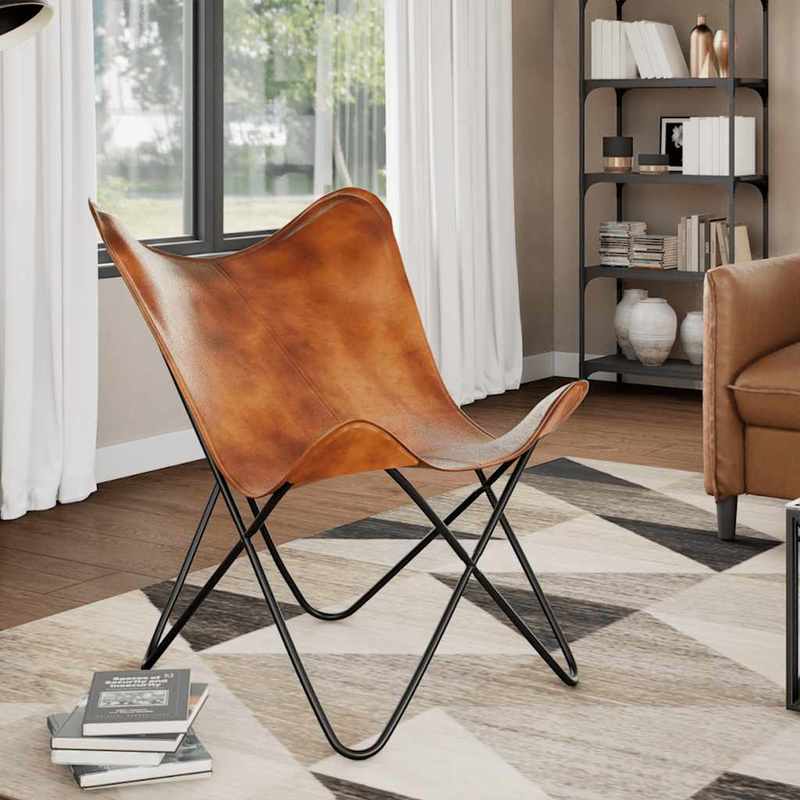 Vlinderstoel – Fauteuil – Lounge Stoel – Relaxstoel – Zitstoel – Modern Bruin – Eenvoudige Montage – Stevig Metalen Frame & Hout