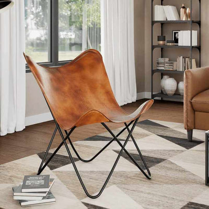 Vlinderstoel – Fauteuil – Lounge Stoel – Relaxstoel – Zitstoel – Modern Bruin – Eenvoudige Montage – Stevig Metalen Frame & Hout