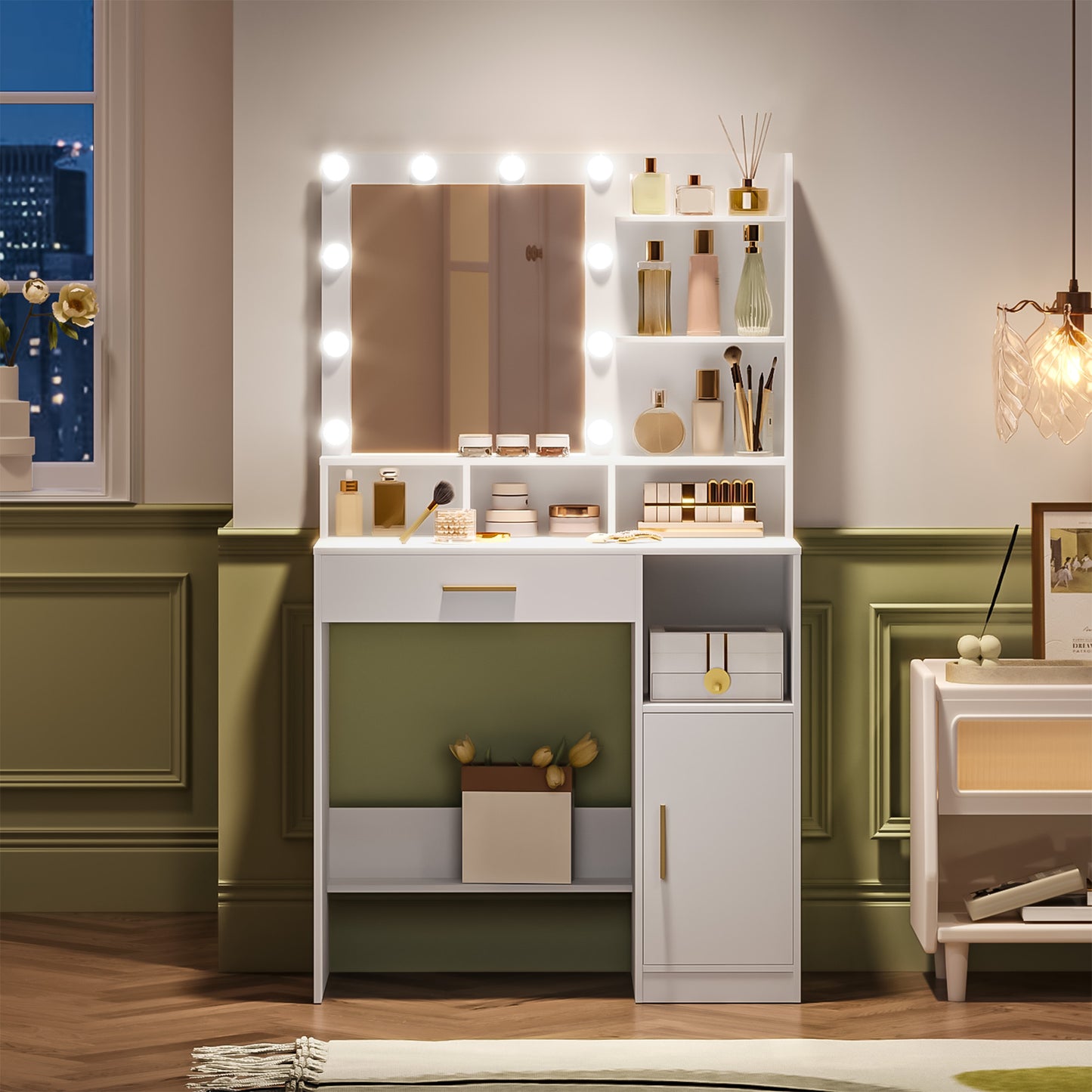 Sieradendoos – Juwelendoos – Sieradenkast – Make-uptafel – Opbergkast – Met Spiegel – 10 Verstelbare LED-Lampjes – Ruime Opbergruimte met Lade en Kast