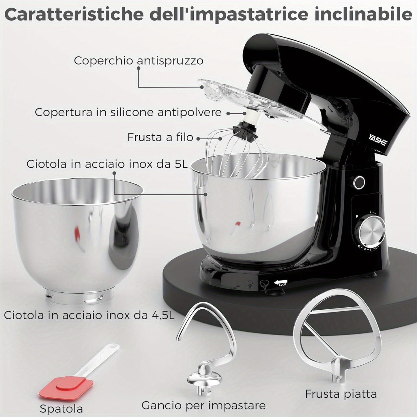 Stand Mixer, 4.5+5.5L Two Stainless Steel Bowls, 10+P Speed 1500W Tilt-Head Food Mixer with Dough Hook, Beater & Whisk