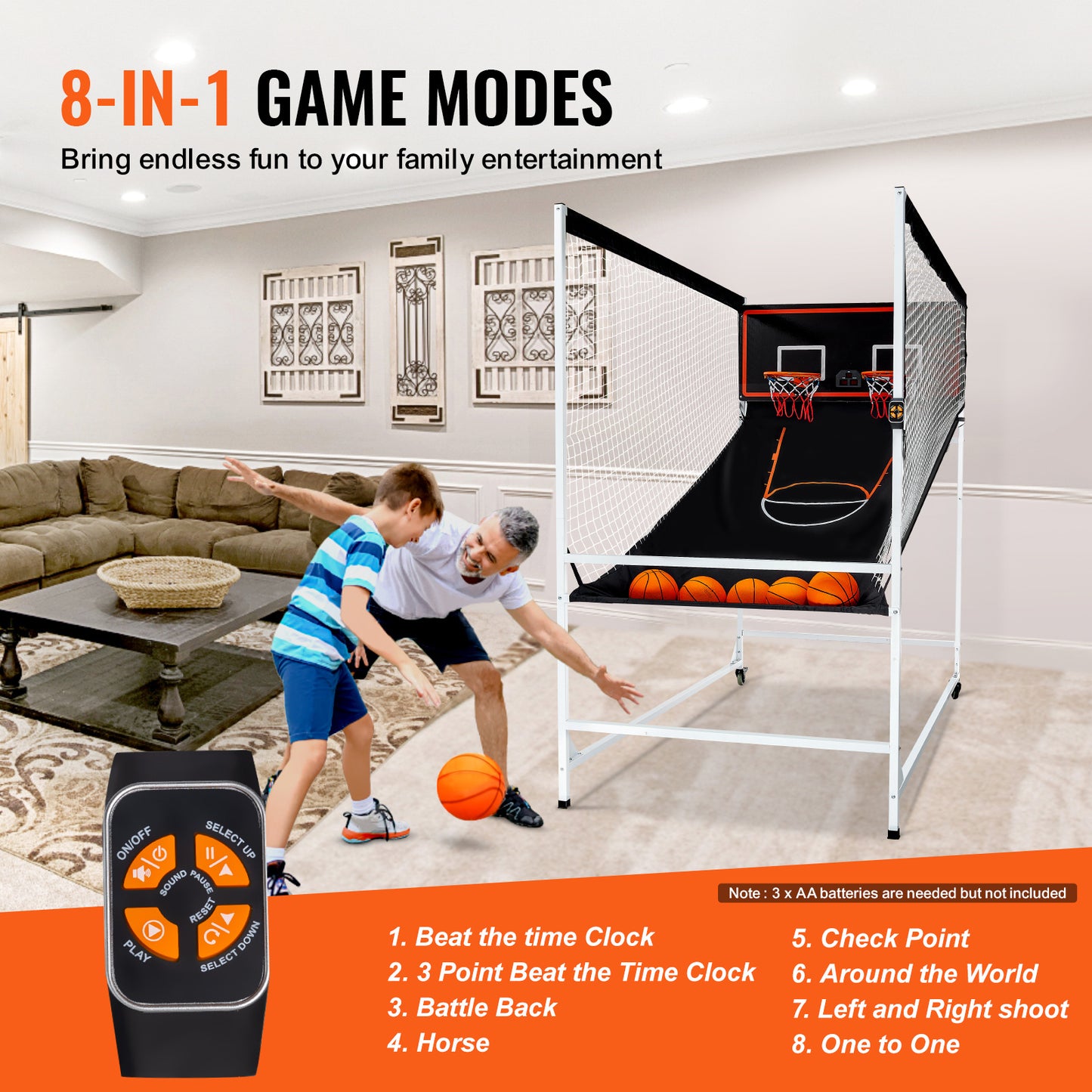 Basketbalspel – Basketbalgame – Indoor Basketbal – Arcade Spel – Dubbele Hoepel – 8-in-1 Spelmodi – Stevig Stalen Frame – Elektronisch Scorebord