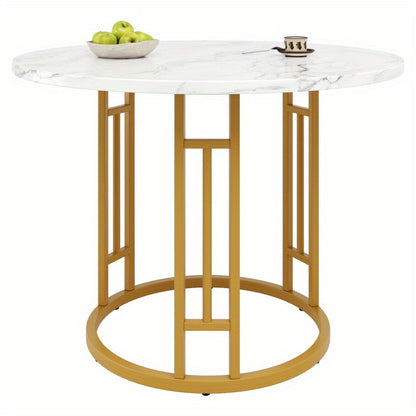 Ronde Eettafel – Rond Tafeltje – Keukentafel – Salontafel – Eetkamertafel – MDF Marmerlook Blad – Metalen Onderstel – Ø80x76cm – Voor 4 Personen