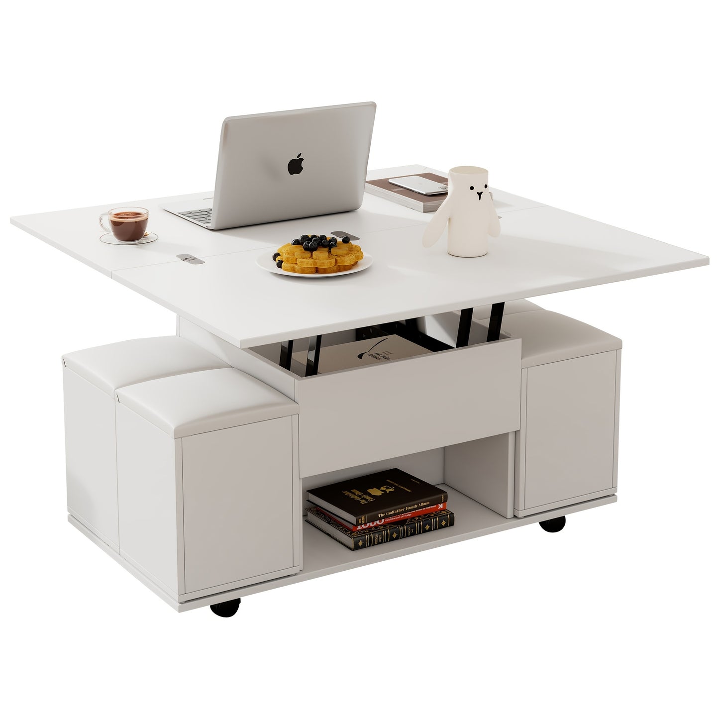 Salontafel – Woonkamertafel – Koffietafel – Bijzettafel – Tafel Met Opbergruimte – Modern Wit – Verstelbaar Blad – Lift-Top Mechanisme – Met 4 Krukken – Duurzame Metalen Constructie