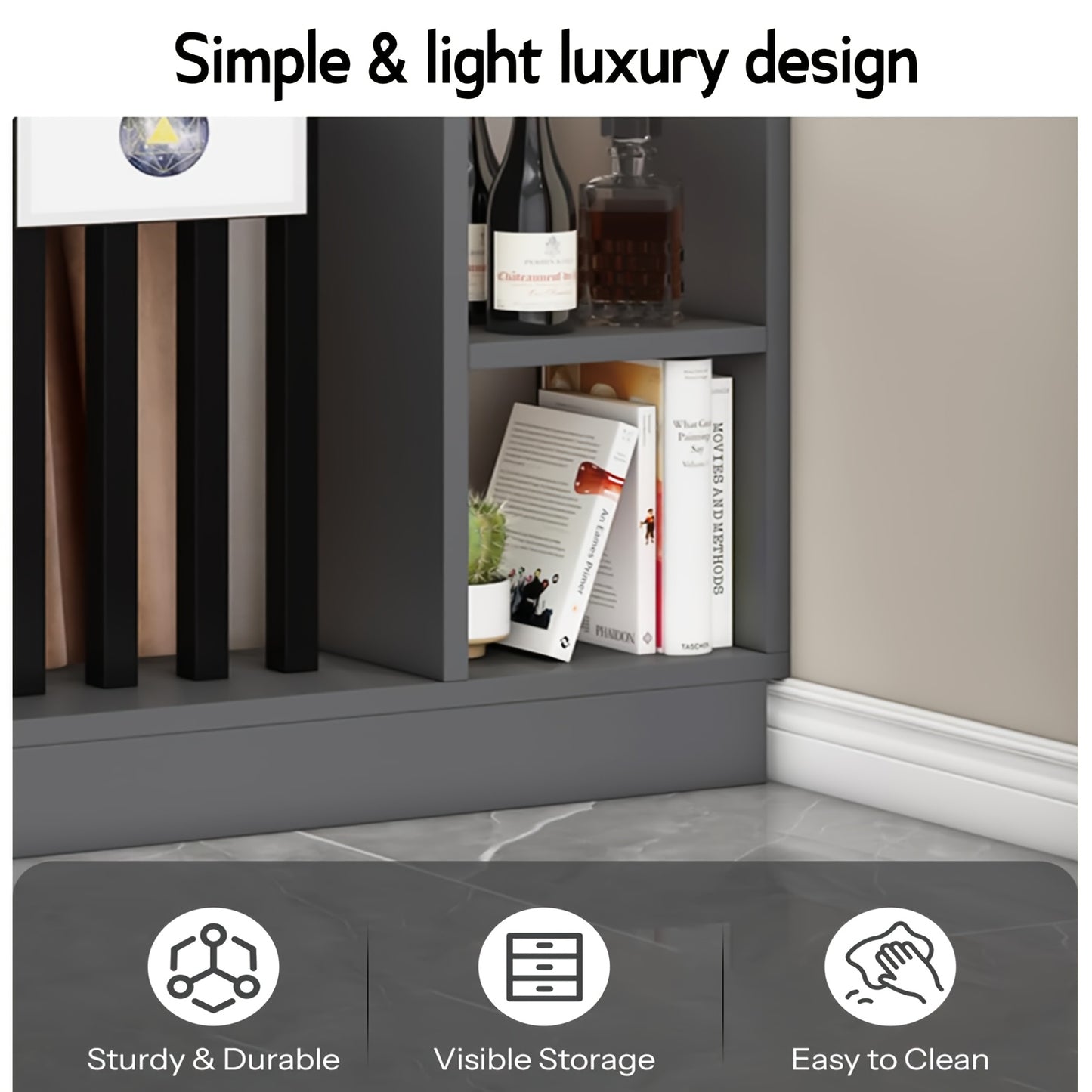 Roomdivider – Scheidingswand – Kamerscherm – Privacywand – Opbergkast – Vrijstaand Houten Design – Ruimtebesparende Verticale Planken – Klassiek Grijs Met Zwarte Details
