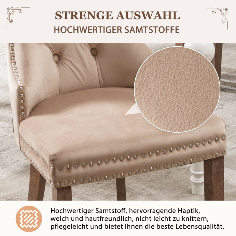 Eetkamerstoel – Stoel – Kuipstoel – Keukenstoel – Woonkamerstoel – Beige Velvet Bekleding – Massief Rubberwood Poten – Unieke Deurknop Achterzijde – Decoratieve Spijkernaad