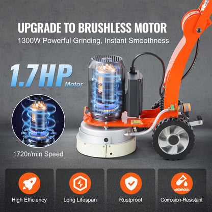 Elektrische Betonvloer Schuurmachine – Beton Slijpsteen Polijstmachine – Vloerschuurmachine – Vloerpolijstmachine – Metalen Variant – 3.0 HP Borstelloze Motor – Verstelbare Handgreep 86-117 cm