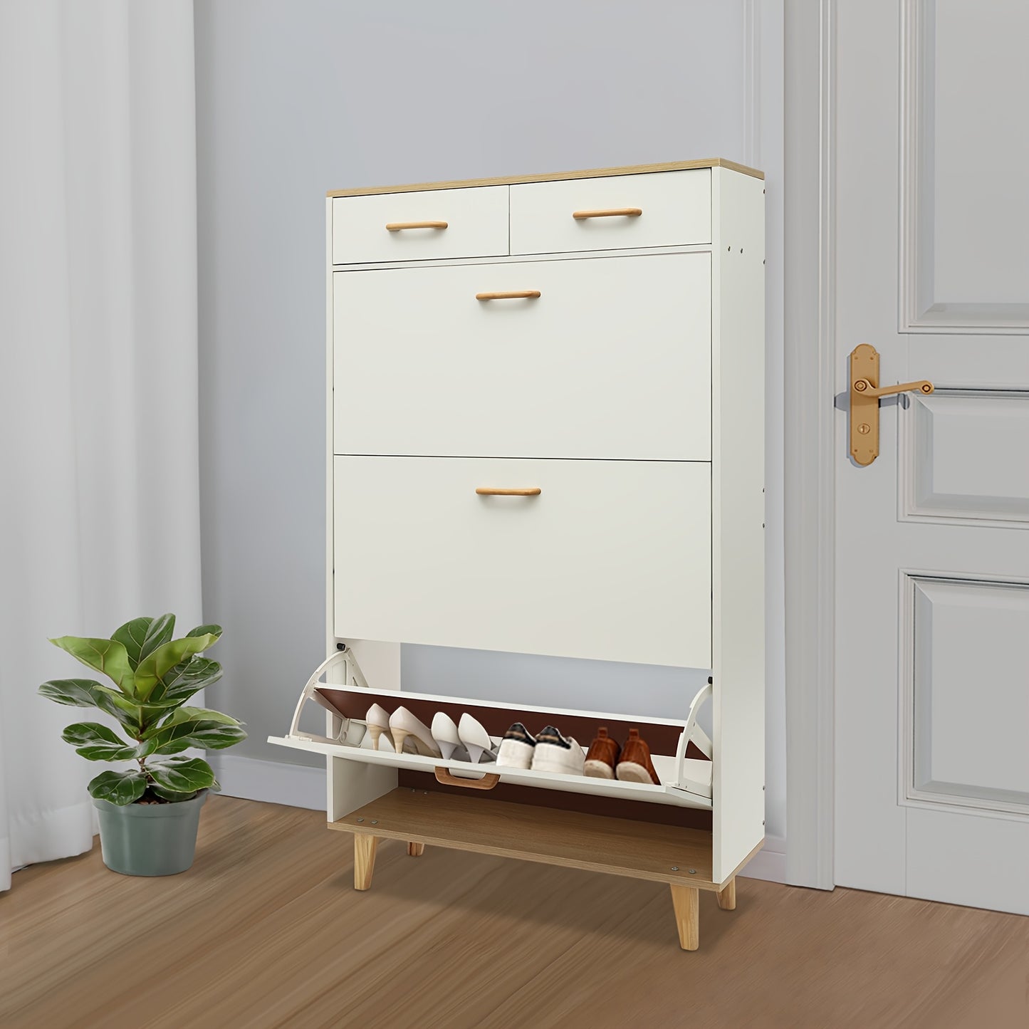Schoenenkast – Schoenenrek – Schoenopberger – Schoenenkastje – Schoenenmeubel – Warm Wit Hout met Gouden Accenten – Ruim met 15 Paar Schoenen Capaciteit en Dubbele Lades