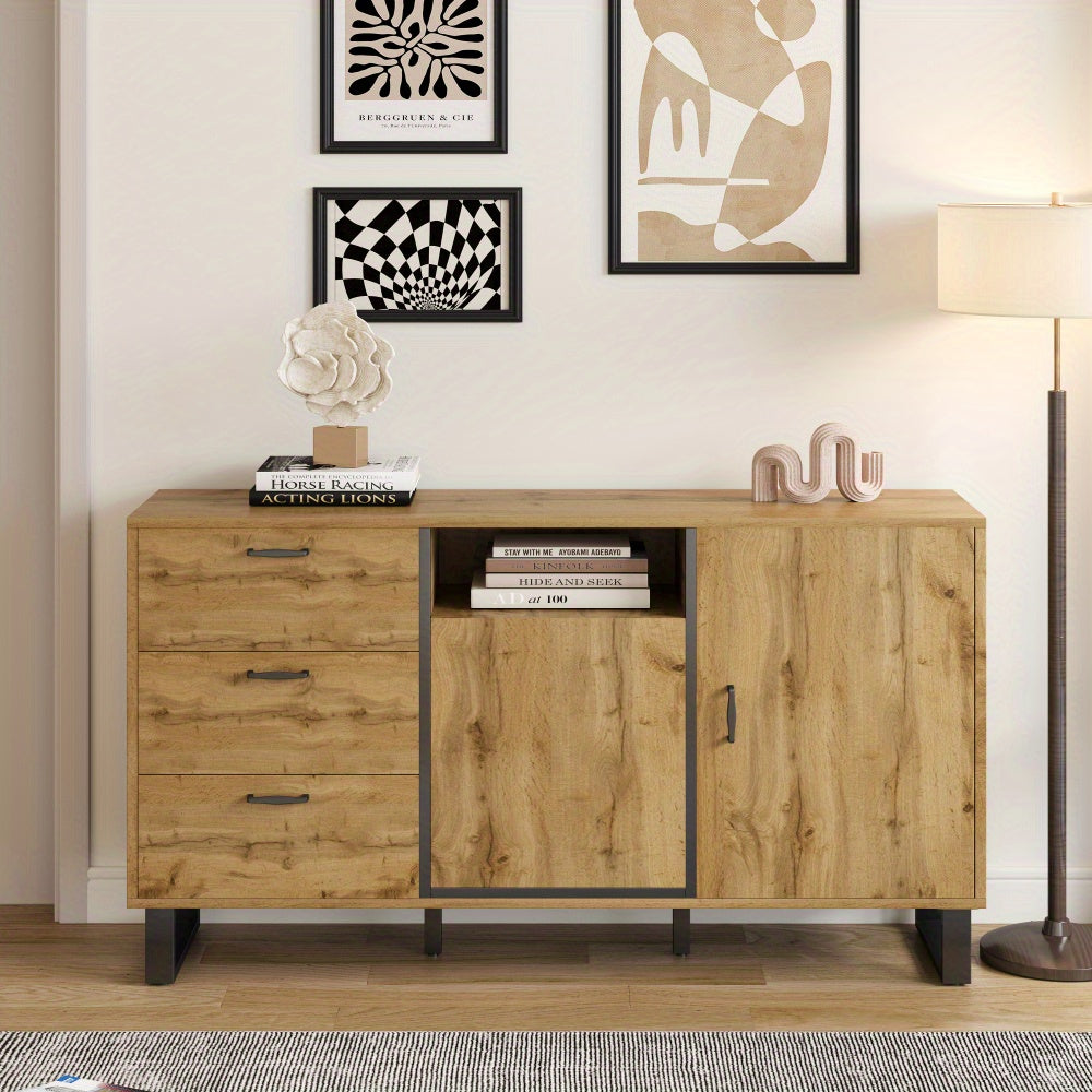 Bestekkast – Opbergkast – Ladekast – Dressoir – Commode – Multifunctioneel Design – Hardhouten & Spaanplaat Constructie – Open Vakjes – Vrijstaande Metalen Poten