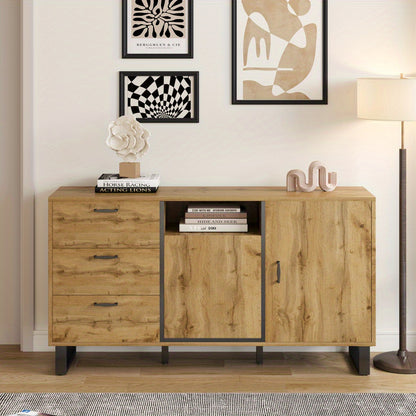 Bestekkast – Opbergkast – Ladekast – Dressoir – Commode – Multifunctioneel Design – Hardhouten & Spaanplaat Constructie – Open Vakjes – Vrijstaande Metalen Poten