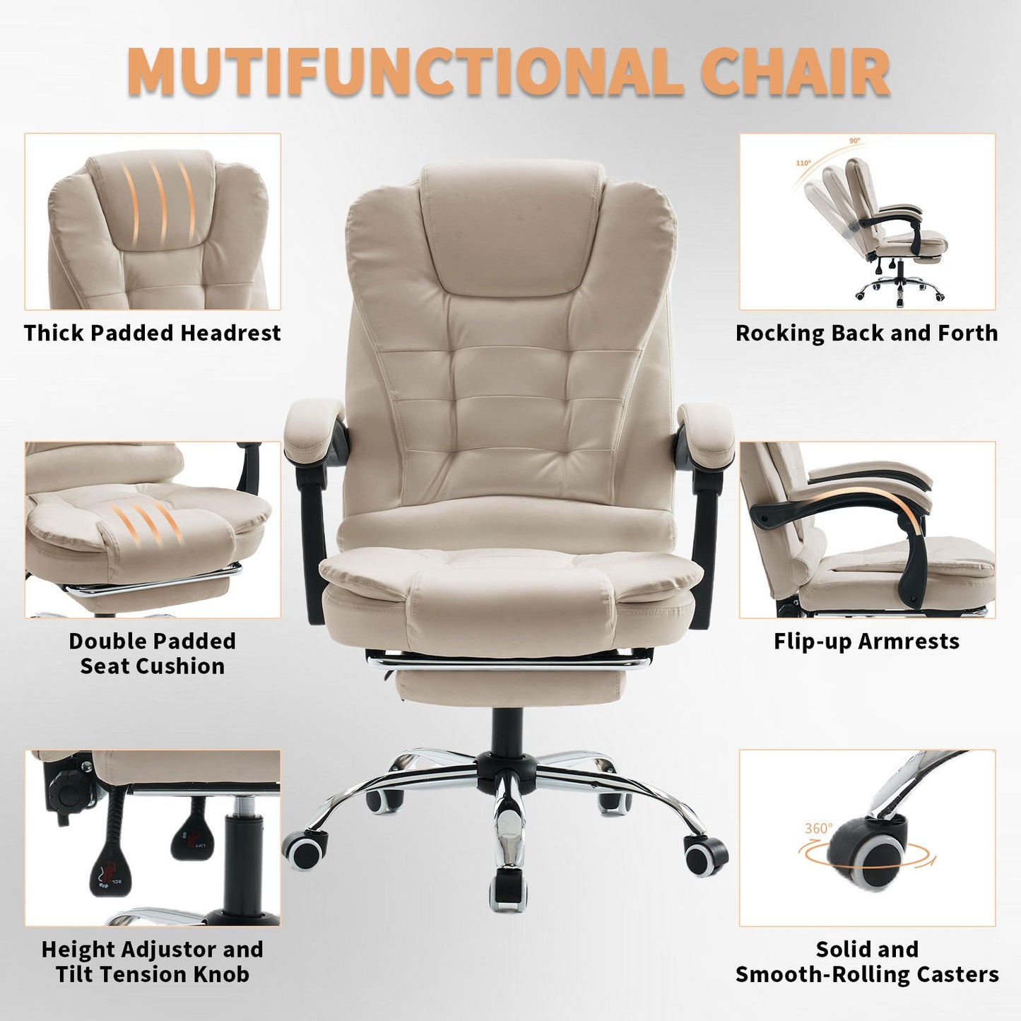 Bureaustoel – Kantoorstoel – Gamestoel – Office Chair – Executive Chair – Extra Groot – Voetensteun – Ergonomisch – Hoog Rugleuning – PU Leer – Stille Wieltjes – Verstelbaar – Stevig Metalen Onderstel – Beige